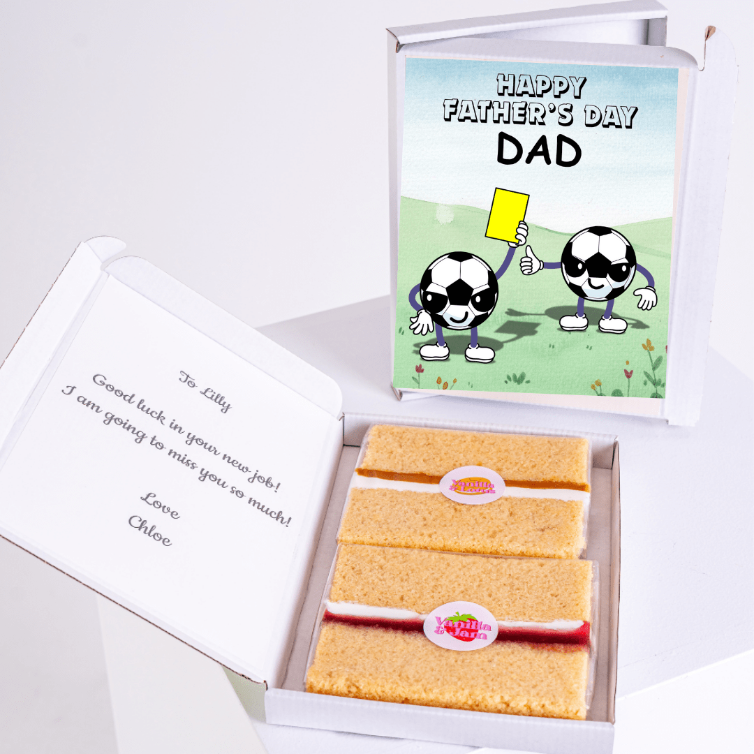 Father's Day gift box with cake, card, and note to Lilly.