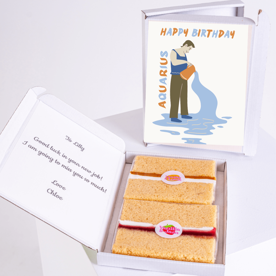 Birthday cake gift with Aquarius card, To Lilly message.
