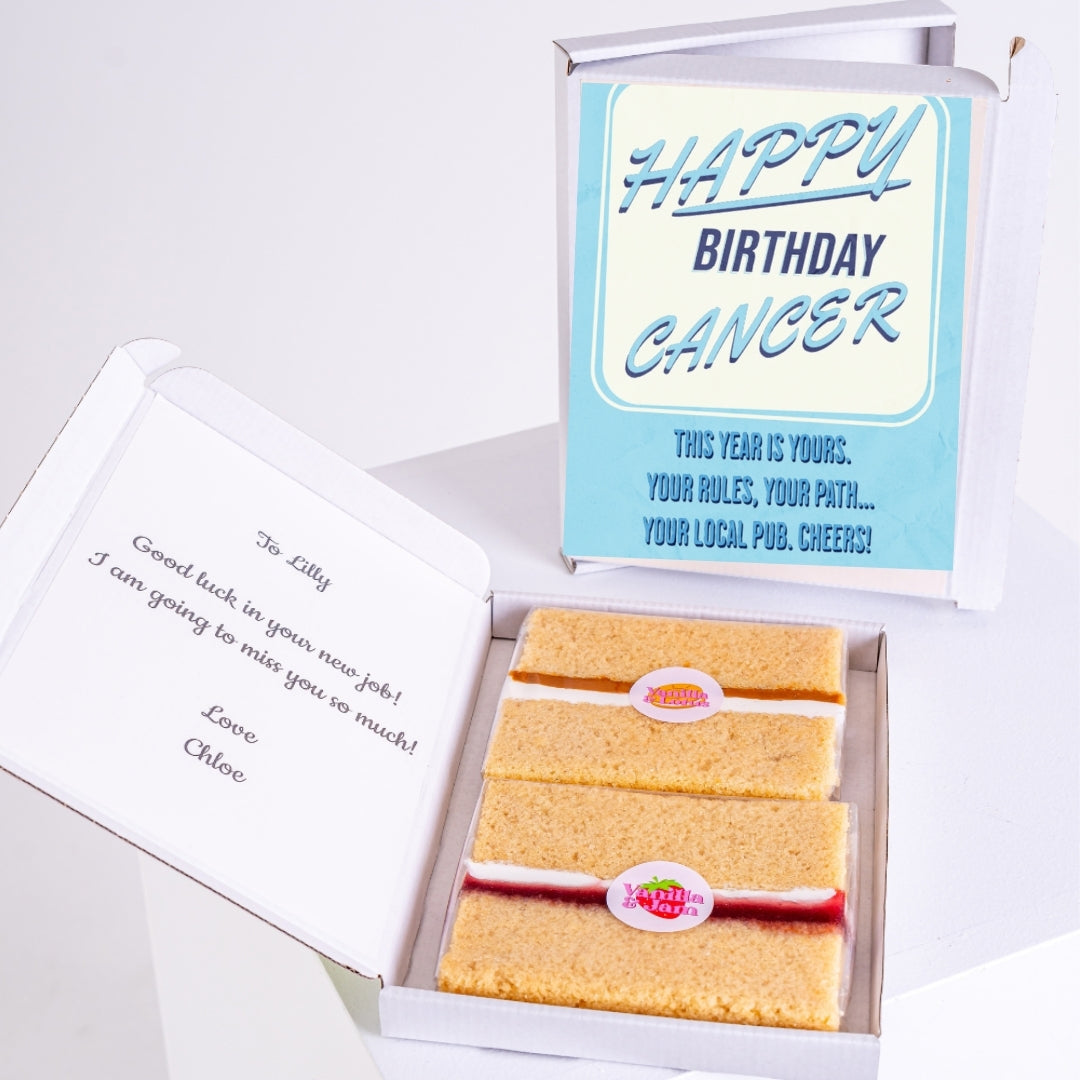 Letterbox cake gift with bold Cancer birthday message