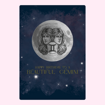 Gemini birthday card with moon and stars