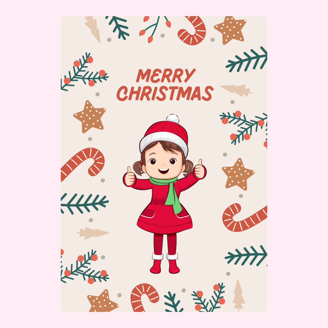 Christmas card with a girl giving thumbs up