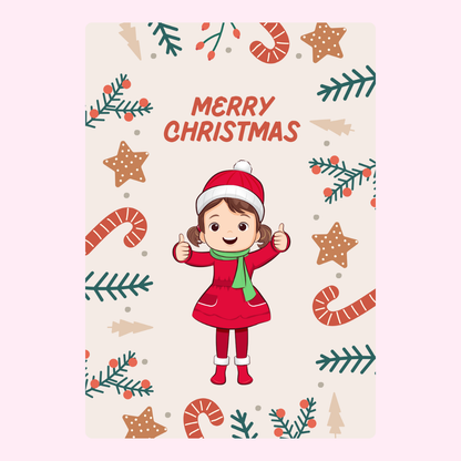 Christmas card with a girl giving thumbs up