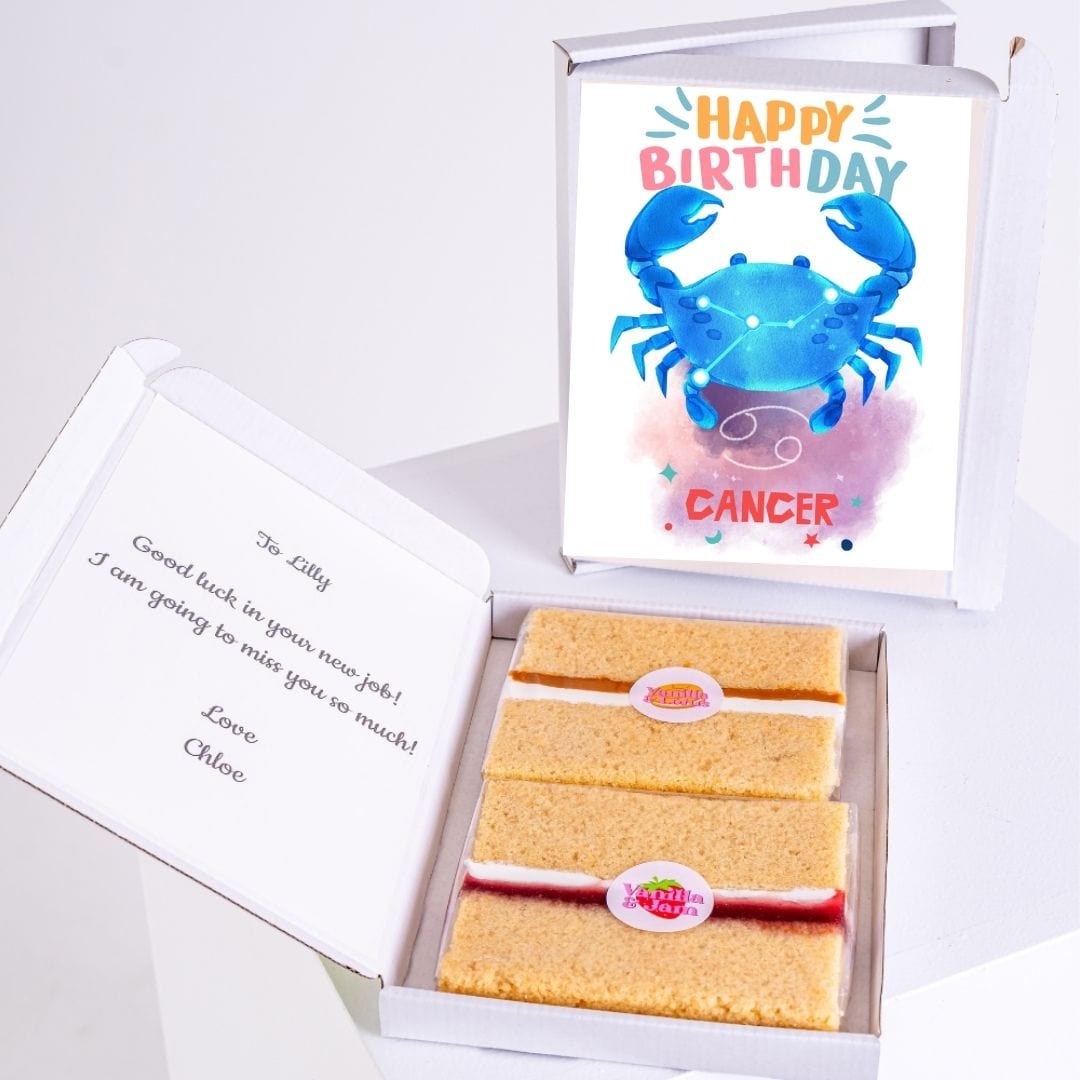Birthday card and cake gift for Lilly with a Cancer zodiac theme.