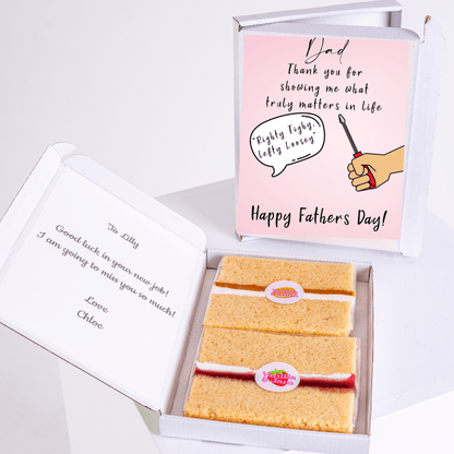 Father's Day card & cake gift box with message for Dad & farewell note.