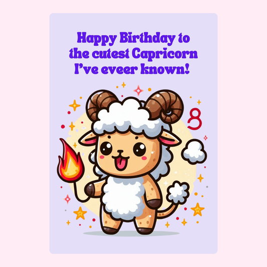 Capricorn birthday card, cute ram with flame, age 8
