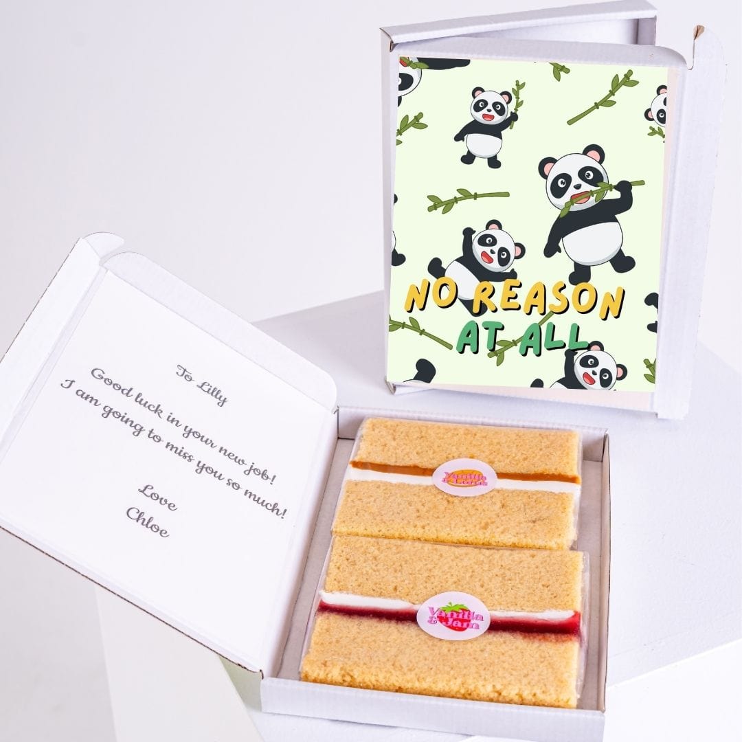 Farewell gift box with No Reason At All message and cake.