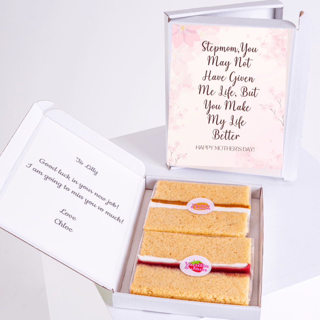 Mother's Day cake with note to stepmom, gift to Lilly
