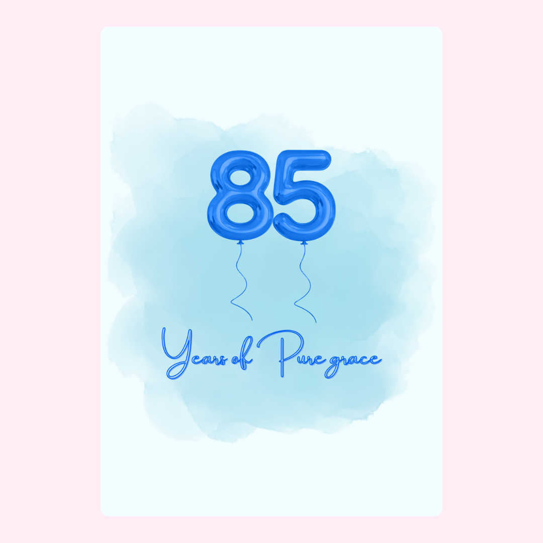 85th birthday card with blue balloons and Years of Pure Grace