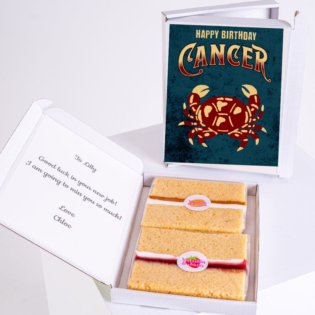 Letterbox cake gift with bold Cancer birthday design