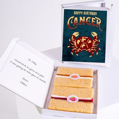 Letterbox cake gift with bold Cancer birthday design