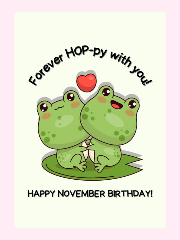Two cartoon frogs on a lily pad with a heart, text.