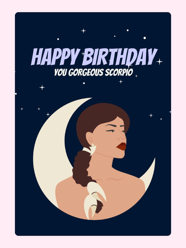 Happy Birthday Scorpio card with woman and moon.