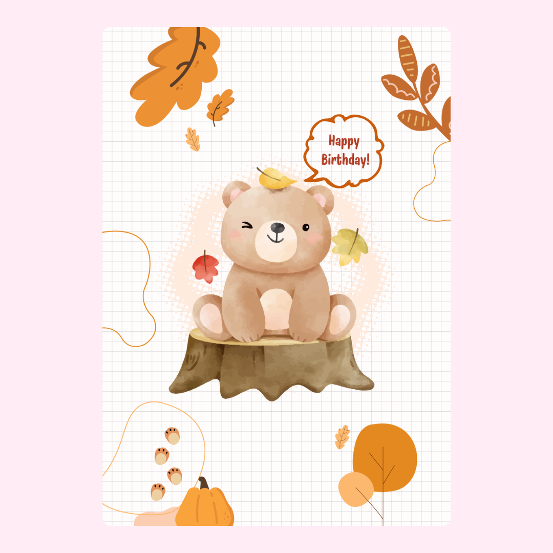 Birthday card with bear on stump, autumn theme
