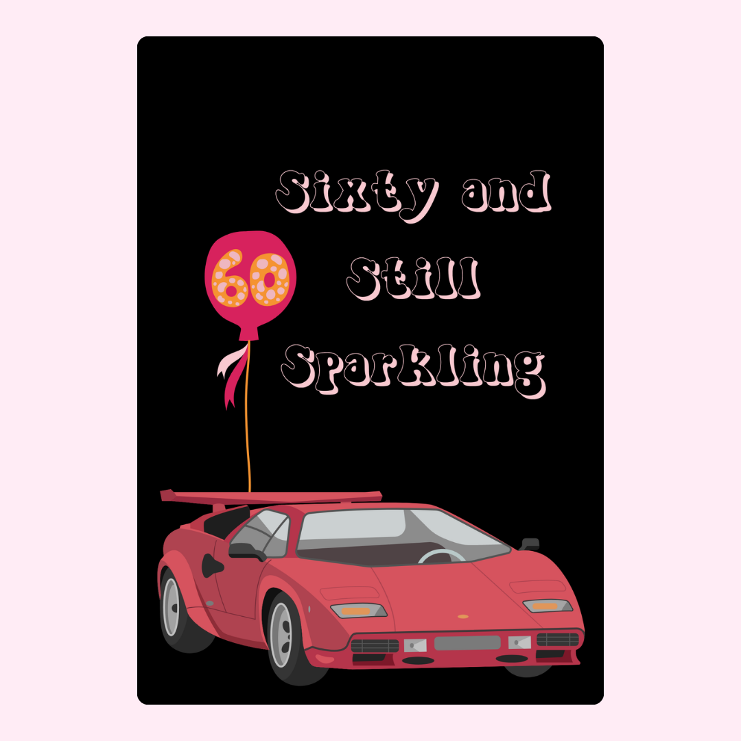 60th birthday card with red car and balloon