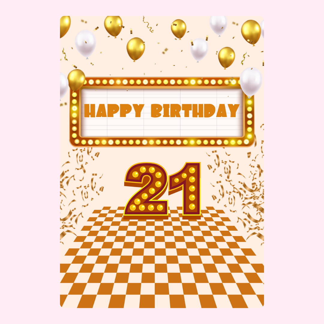21st Birthday Card with Balloons and Happy Birthday Sign