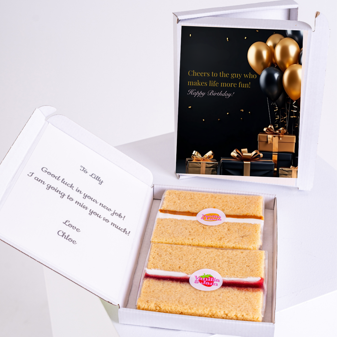 Birthday cake gift box with Cheers card & note for Lilly