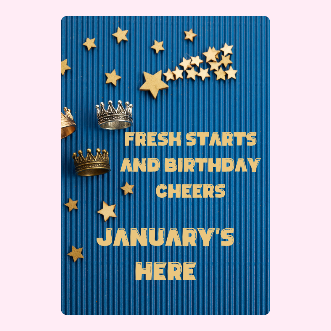 January's birthday cheers card with stars and crowns
