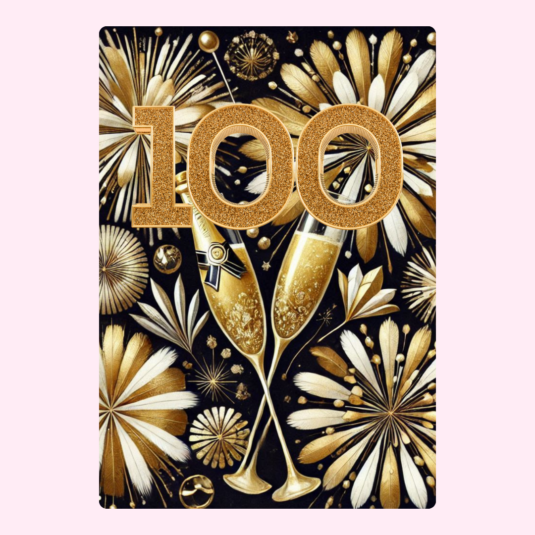 100th Anniversary card with champagne and fireworks