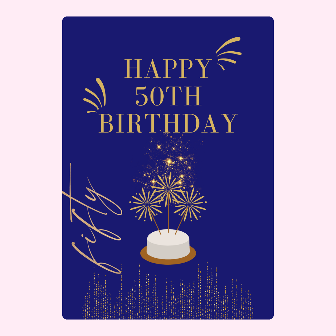 50th birthday card with cake and fireworks