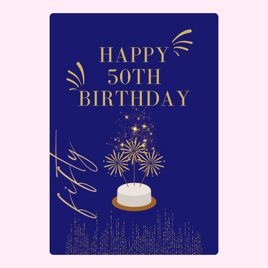 50th birthday card with cake and fireworks