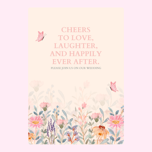 Wedding invitation with floral design and Cheers to Love message.