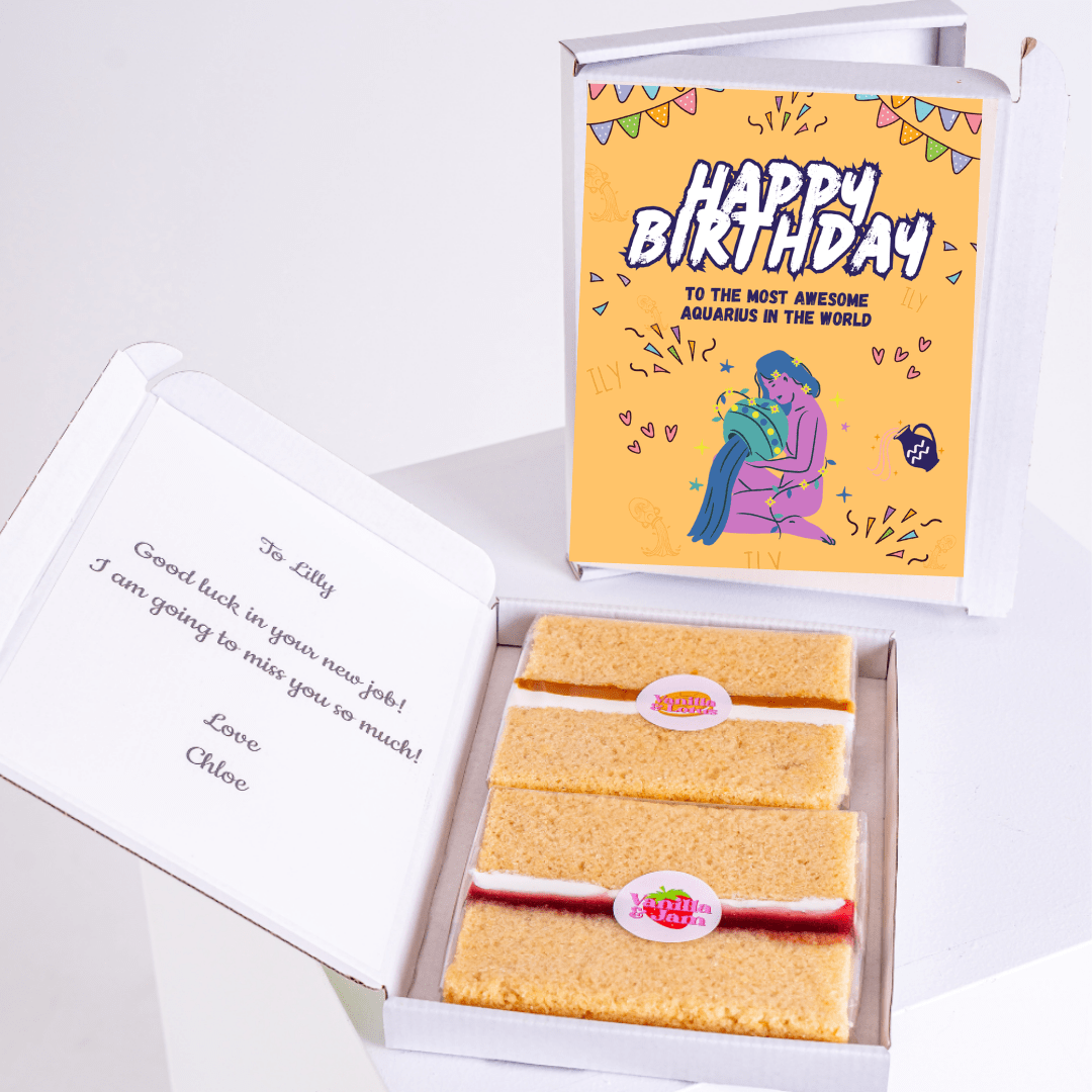 Birthday cake gift box for Aquarius, good luck message.