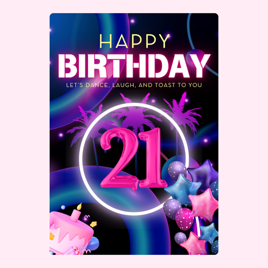 21st Birthday Card with Balloons & Cake