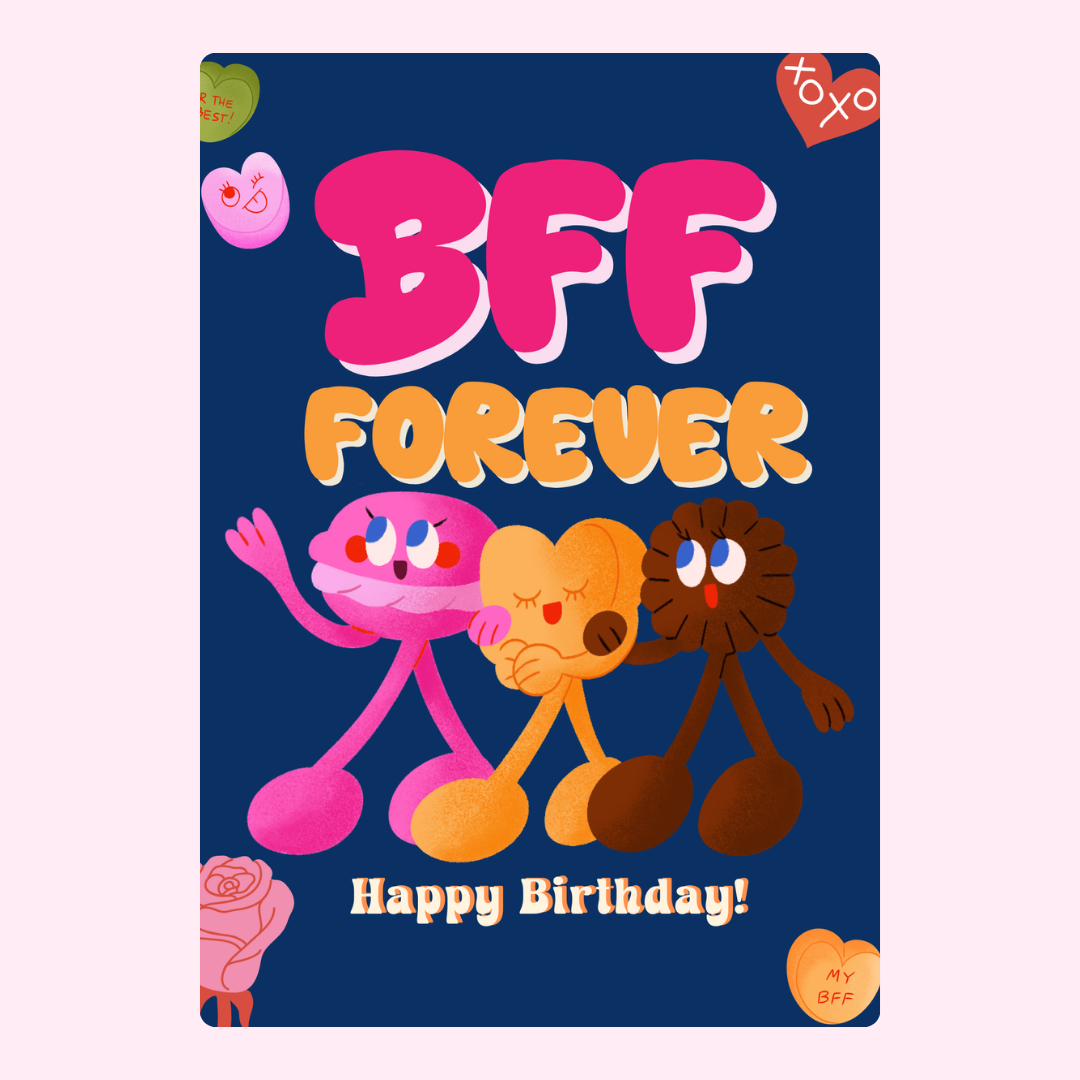 26_BFF Forever birthday card with cartoon heart characters
