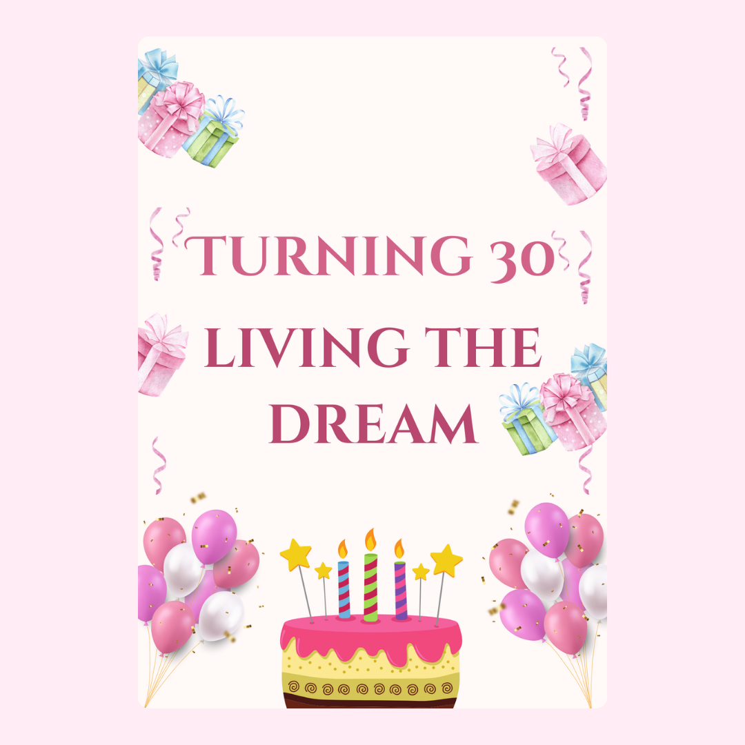 Turning 30 birthday card with cake and gifts