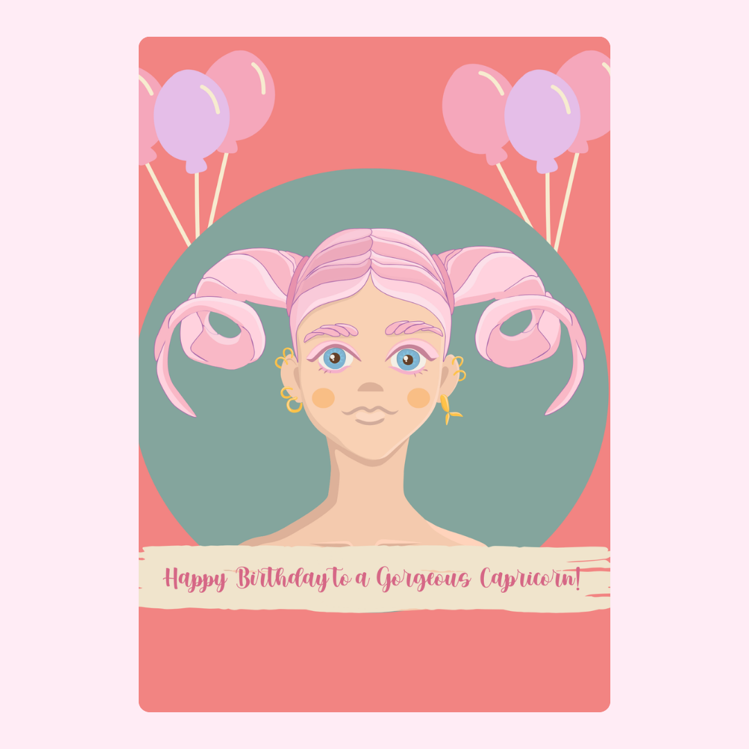Capricorn birthday card with pink hair and balloons