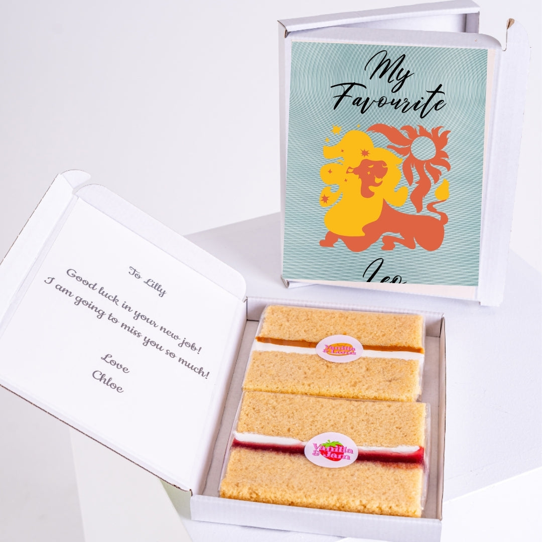 Gift box with cakes, message, and "My Favourite Leo" cover