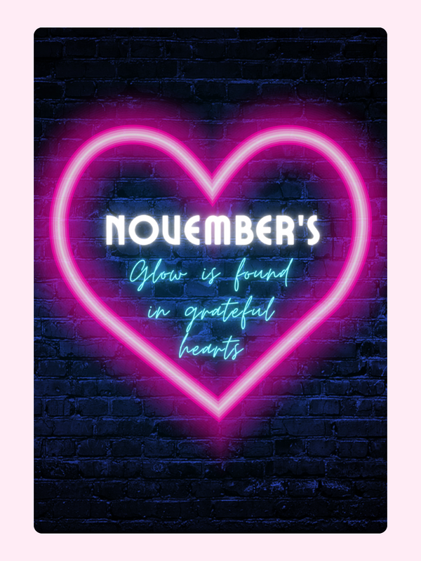 November's Glow heart neon sign on brick background