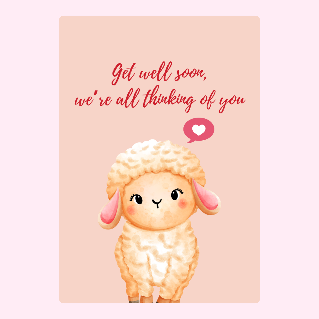 Get well soon card with cute sheep illustration.