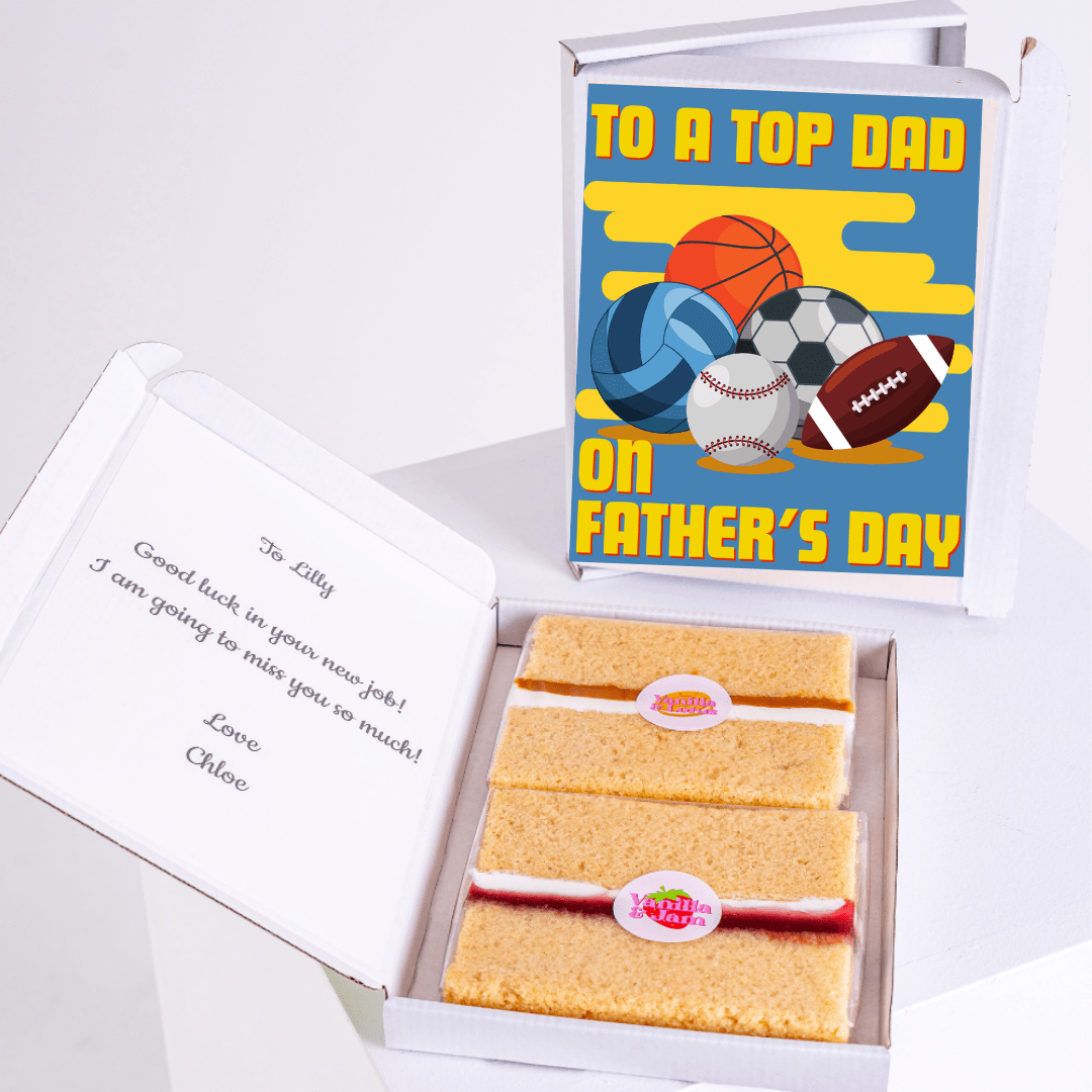 Father's Day cake gift box with sports balls, card, and note for Lilly.
