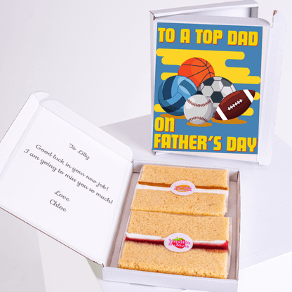 Father's Day cake gift box with sports balls, card, and note for Lilly.