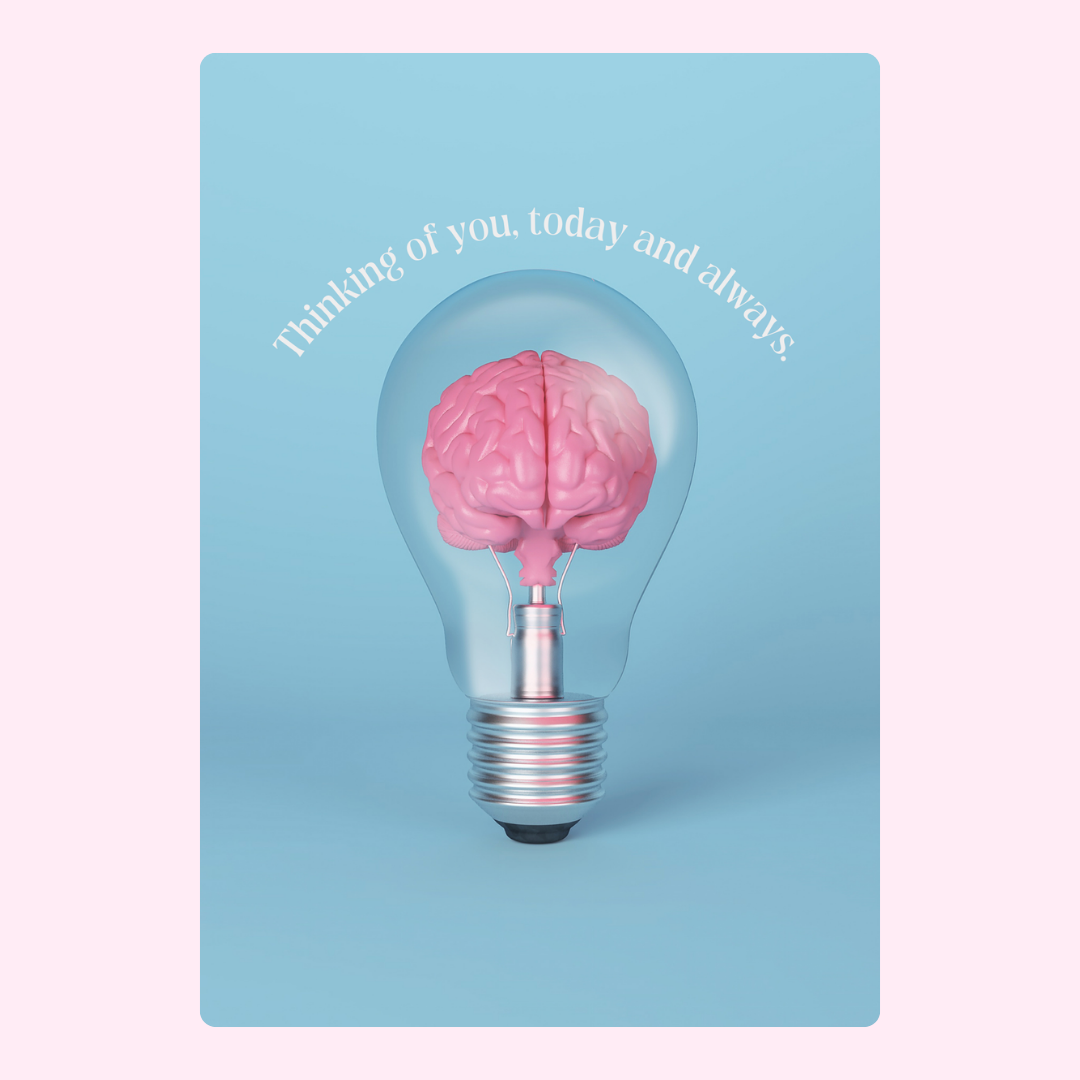 Thinking of you card with brain in lightbulb