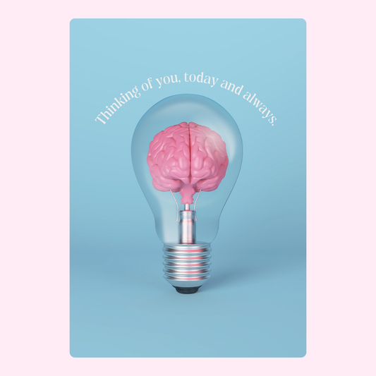 Thinking of you card with brain in lightbulb