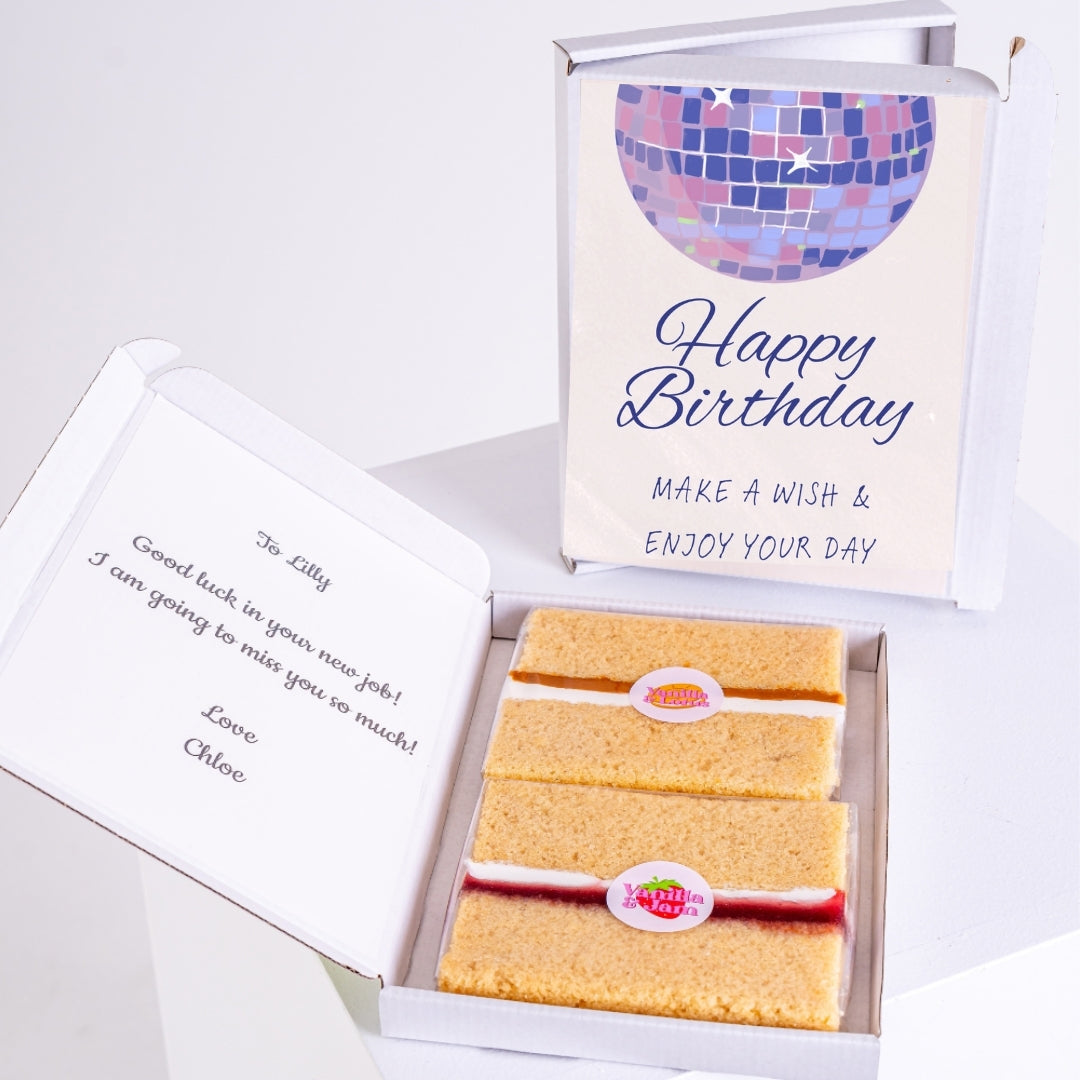 Vanilla cake gift with fun disco-themed birthday design