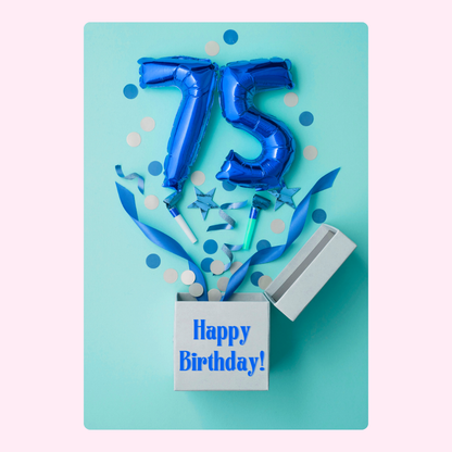 75th birthday celebration with blue balloons and gift box.