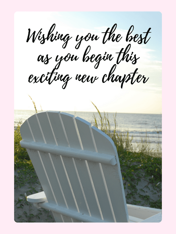 New chapter card with beach chair and well wishes.