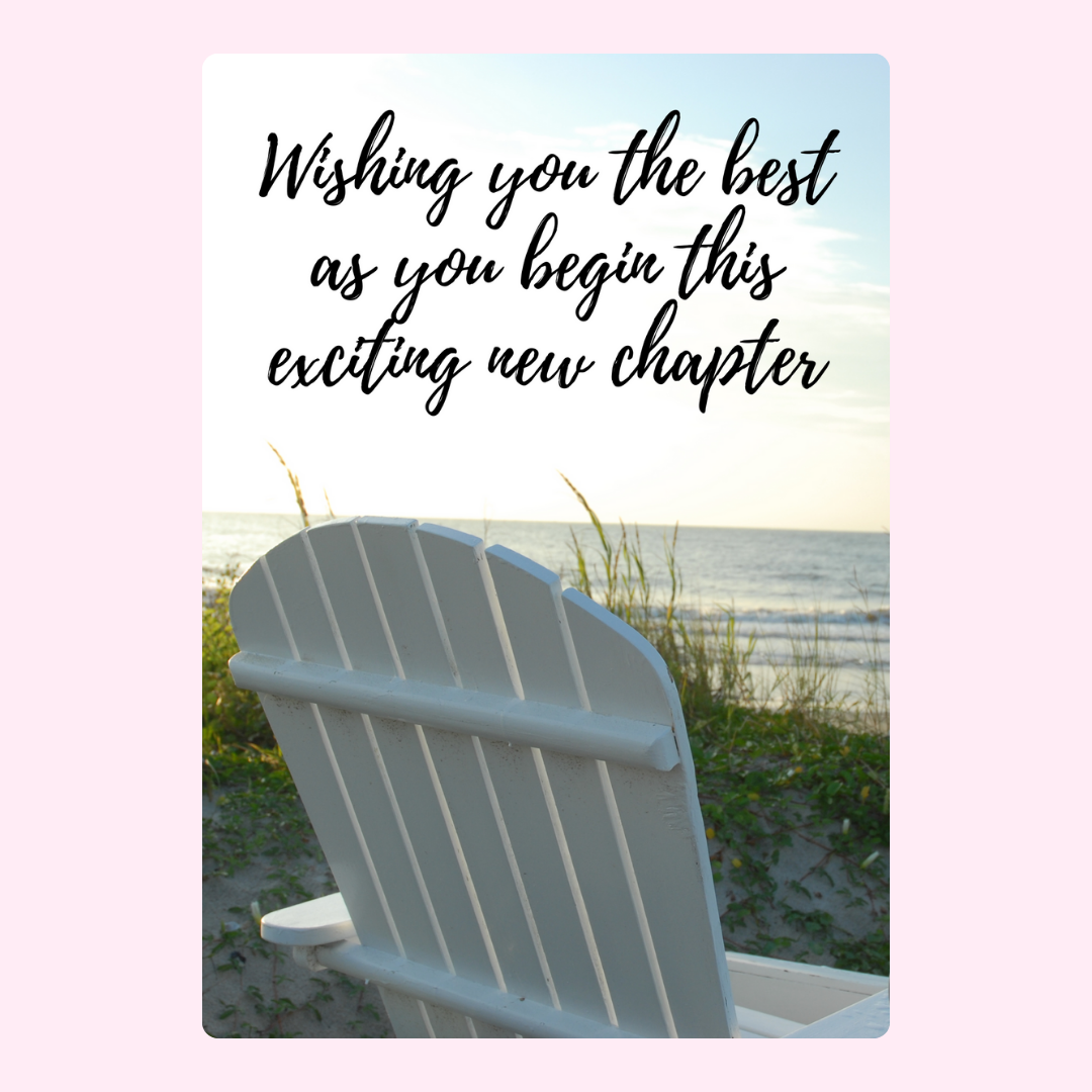 New chapter card with beach chair and well wishes.