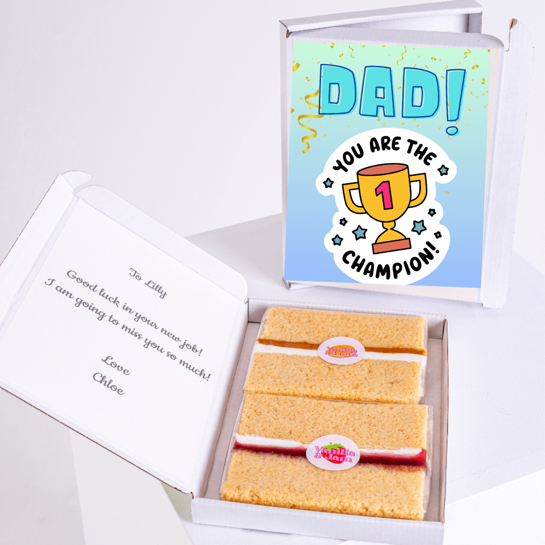 Dad Champion cake gift box, congratulations card, from Chloe to Lilly