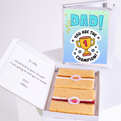 Dad Champion cake gift box, congratulations card, from Chloe to Lilly