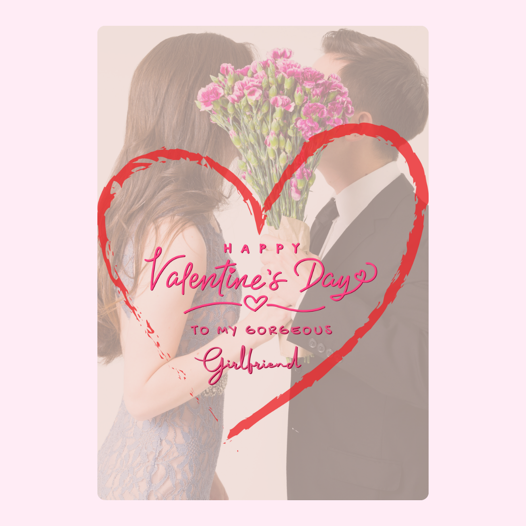 Valentine's Day card for girlfriend, kissing couple, flowers
