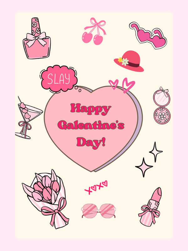 Galentine's Day card with heart and accessories.