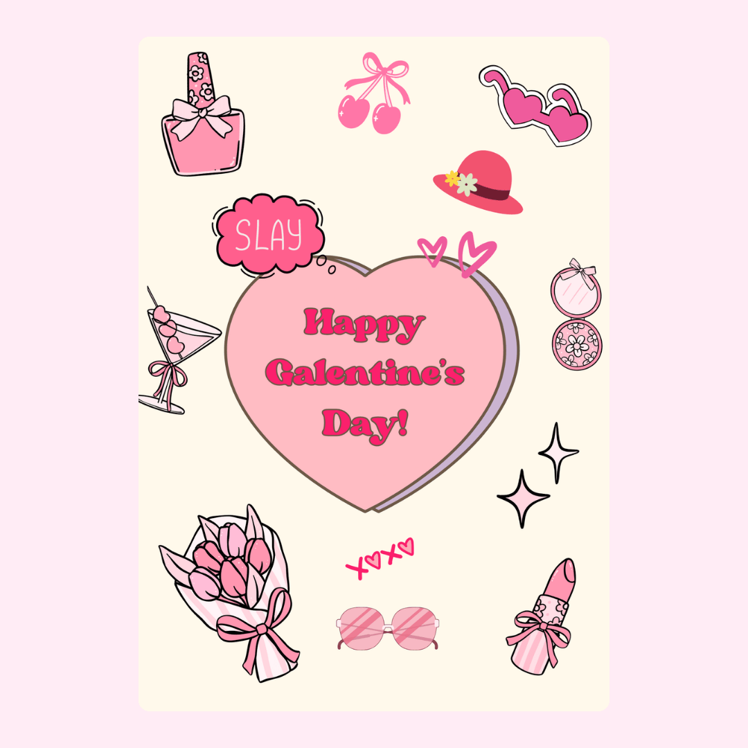 Galentine's Day card with heart and accessories.
