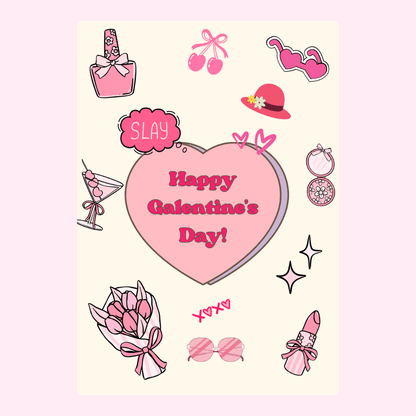 Galentine's Day card with heart and accessories.