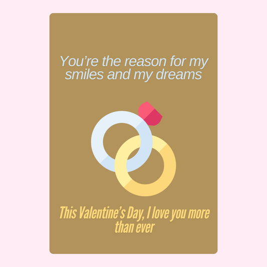Valentine's Day card with rings and romantic message.