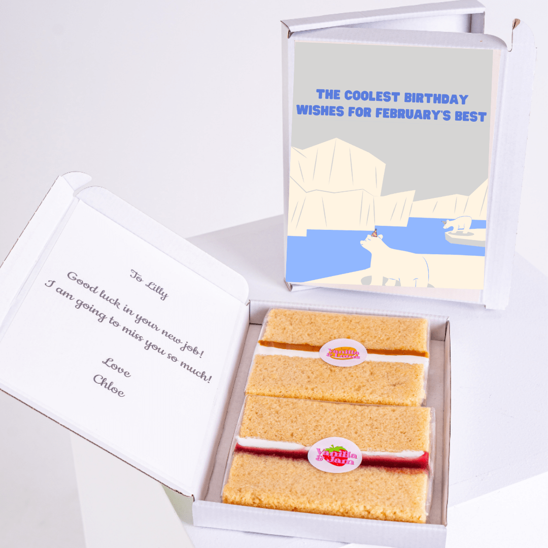 Birthday cake gift box for February with Coolest Birthday Wishes