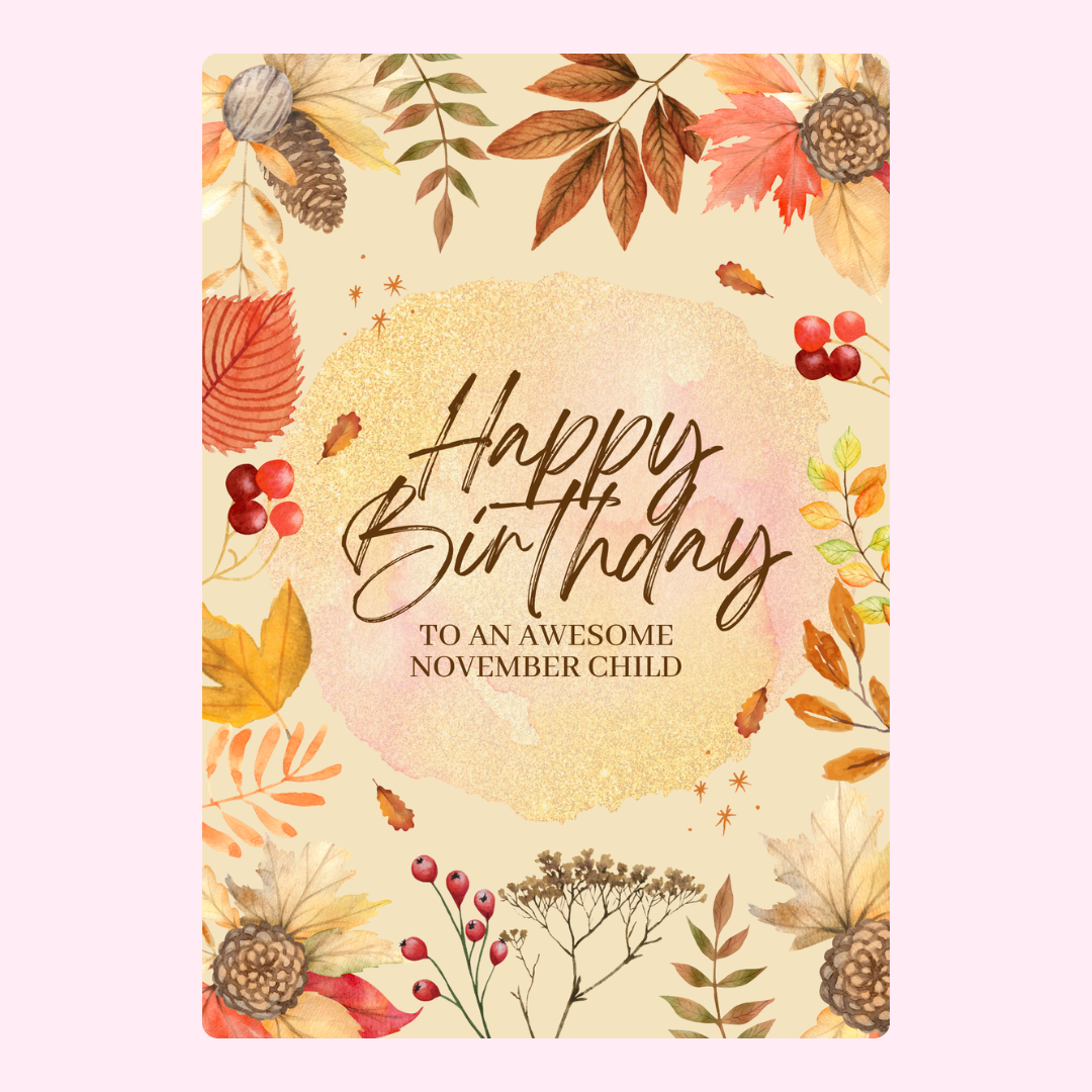 Happy Birthday card with fall leaves and text.